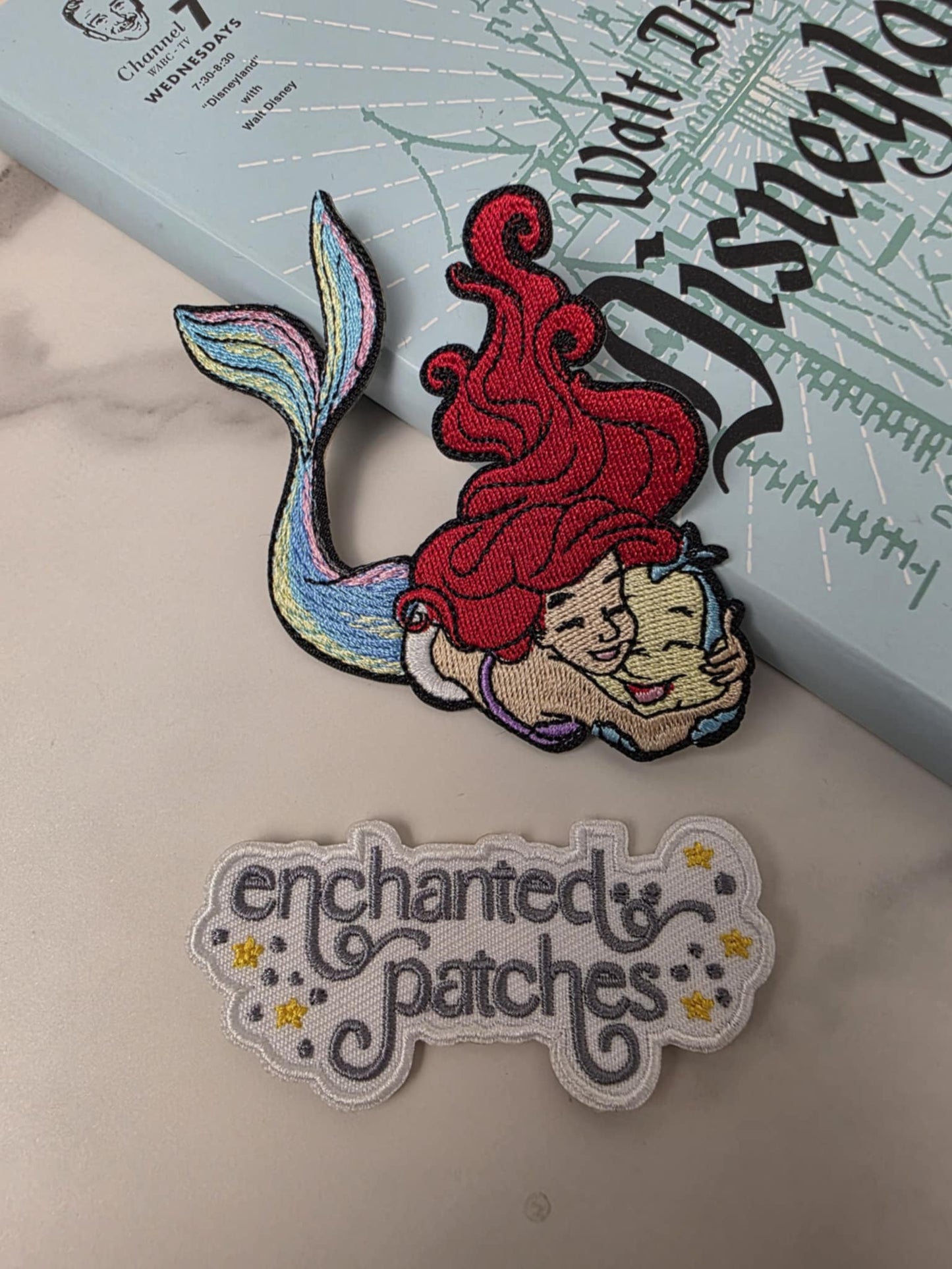 4" Little Mermaid Hugging Yellow Fish Embroidered Iron On Patch