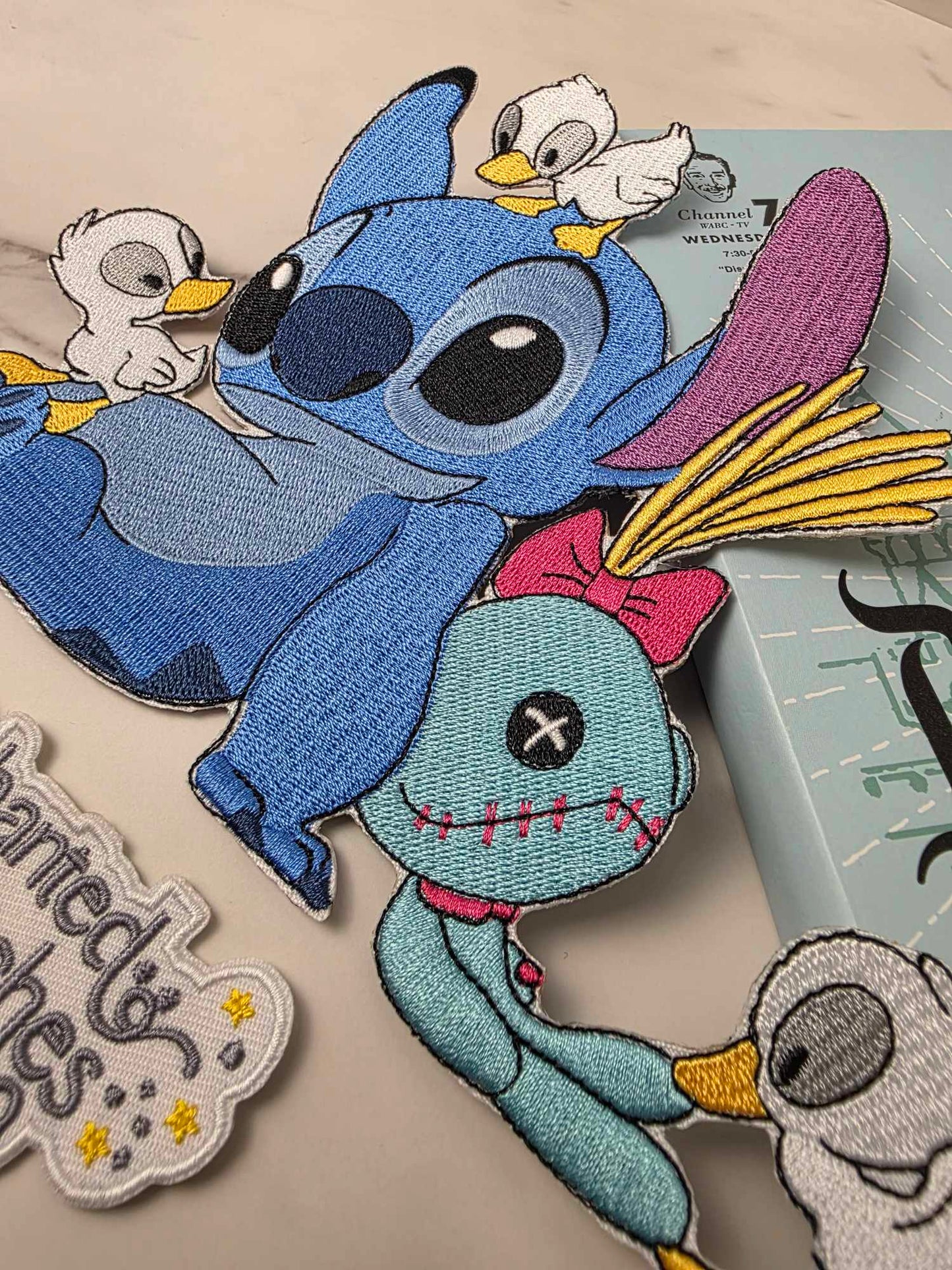LAST ONE - XL 8" Blue Alien Sitting with Baby Ducks and Doll Embroidered Iron On Patch