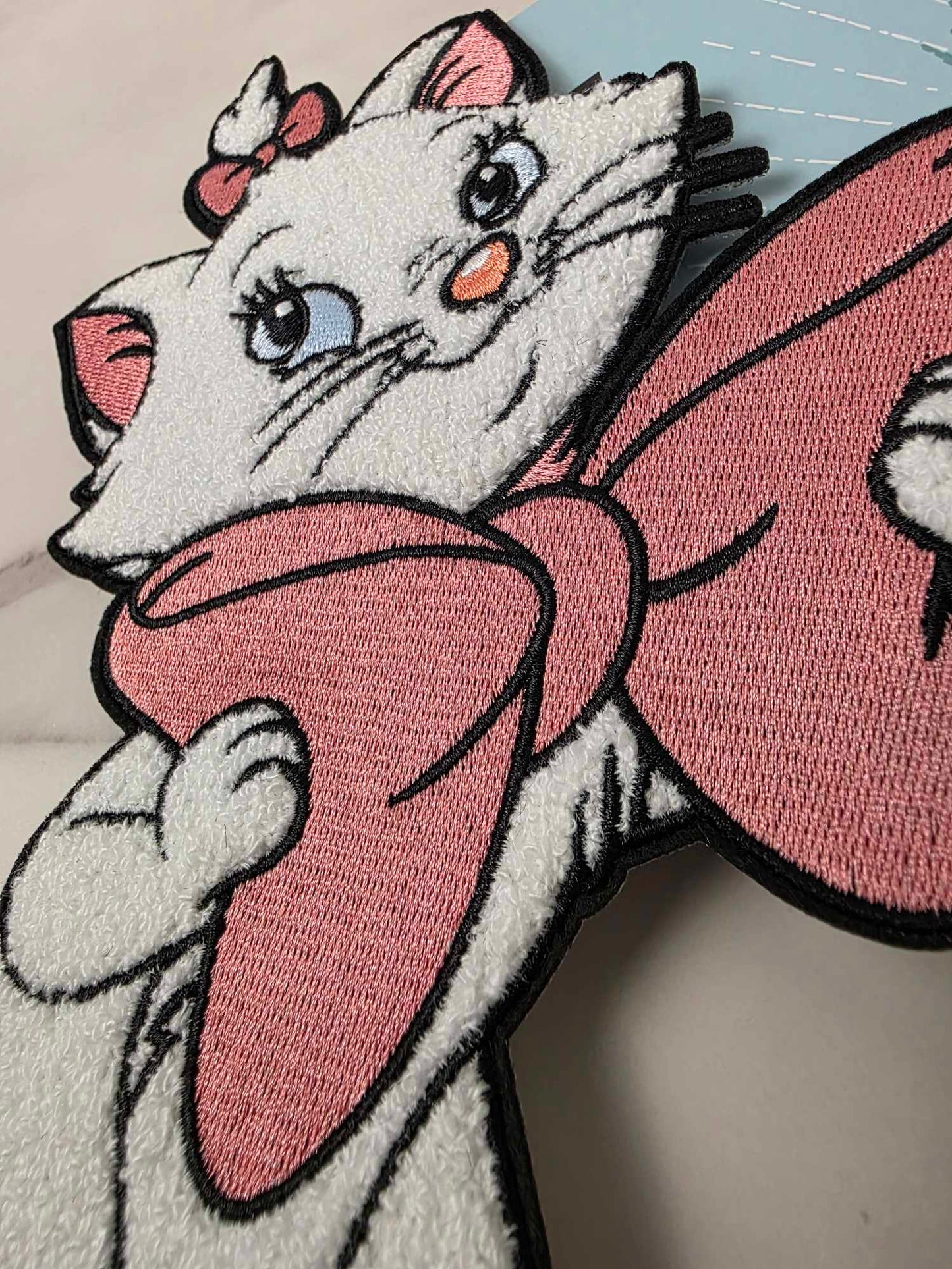 8" XL White Kitty Cat Girly Pink Bow Furry Fuzzy Chenille Embroidered Iron On Patch