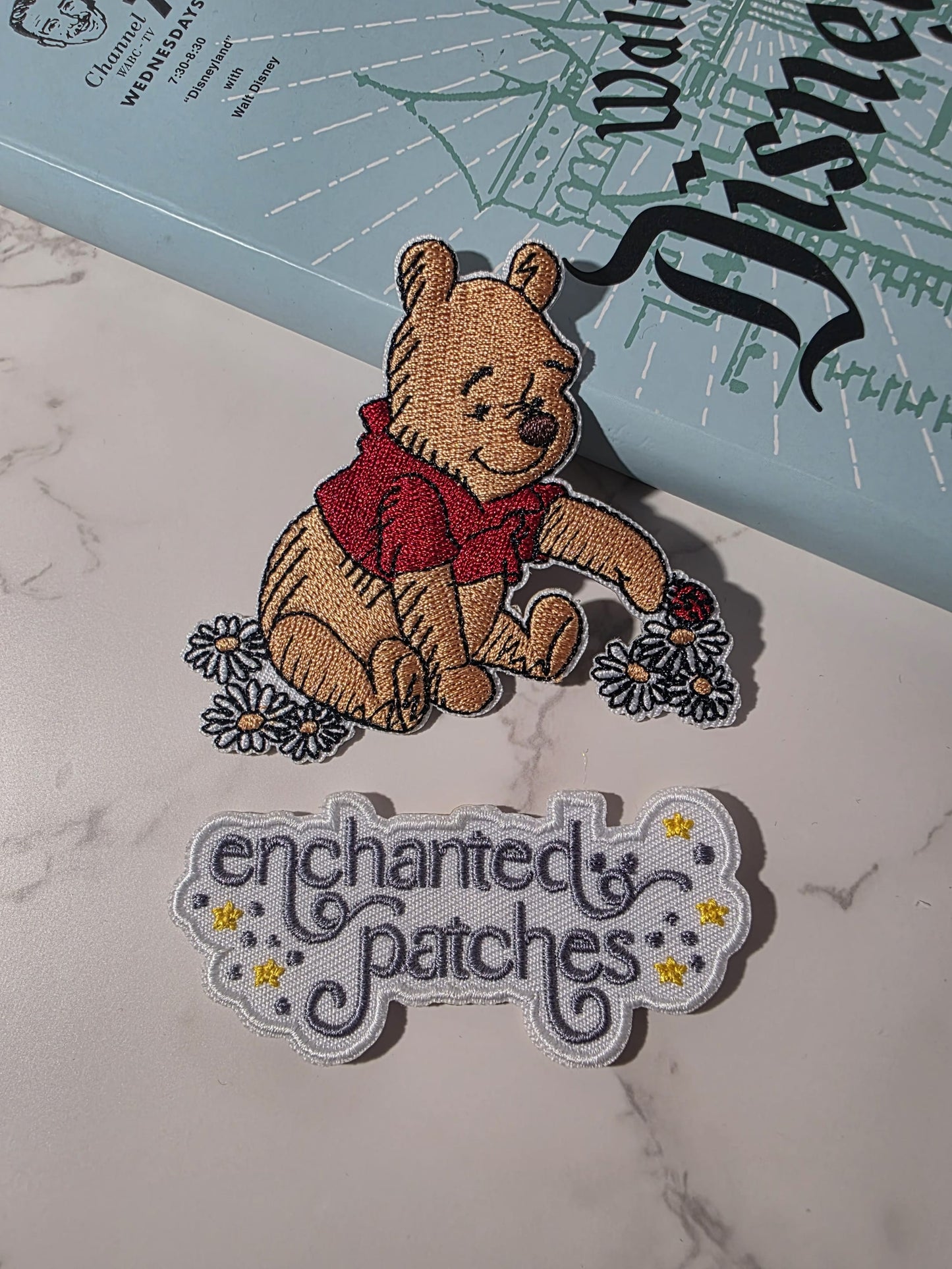 3" Winnie the Pooh with Daisy Flowers and Ladybug Embroidered Iron On Patch
