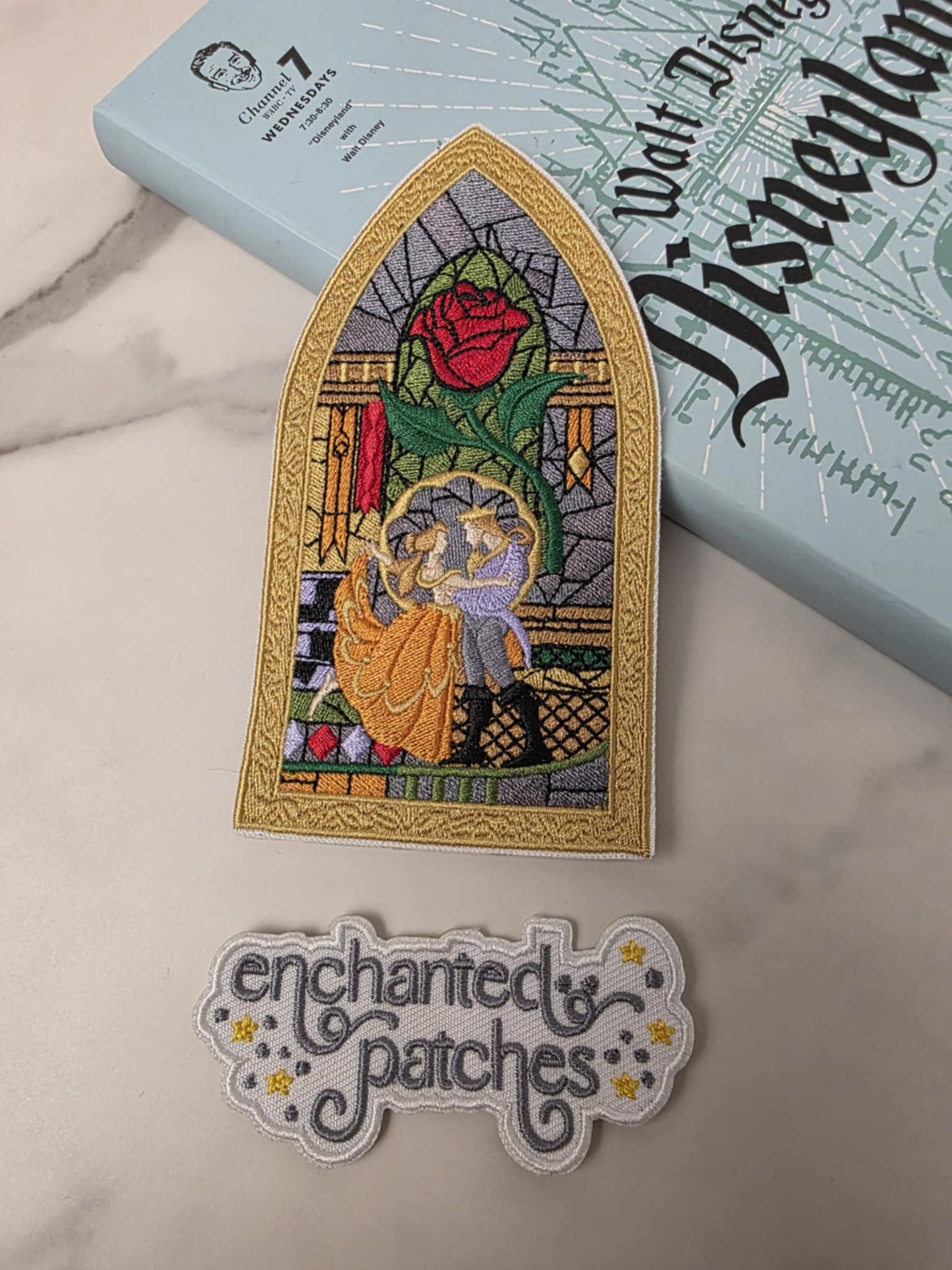 LAST THREE - 5" Reading Princess with Beast Stain Glass Window Happiest Park Iron On Patch