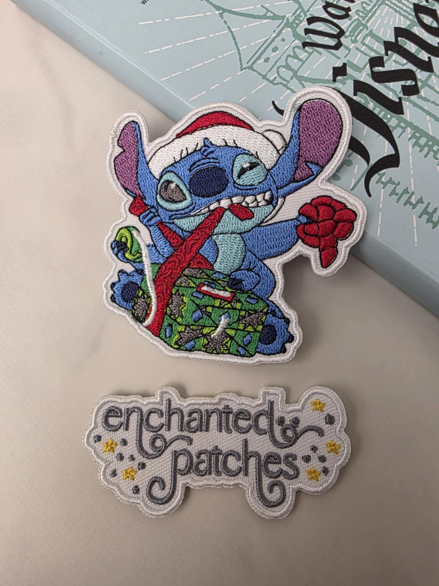 3.5" Blue Alien Santa Hat Christmas Unwrapping Gifts Embroidered Iron On Patch