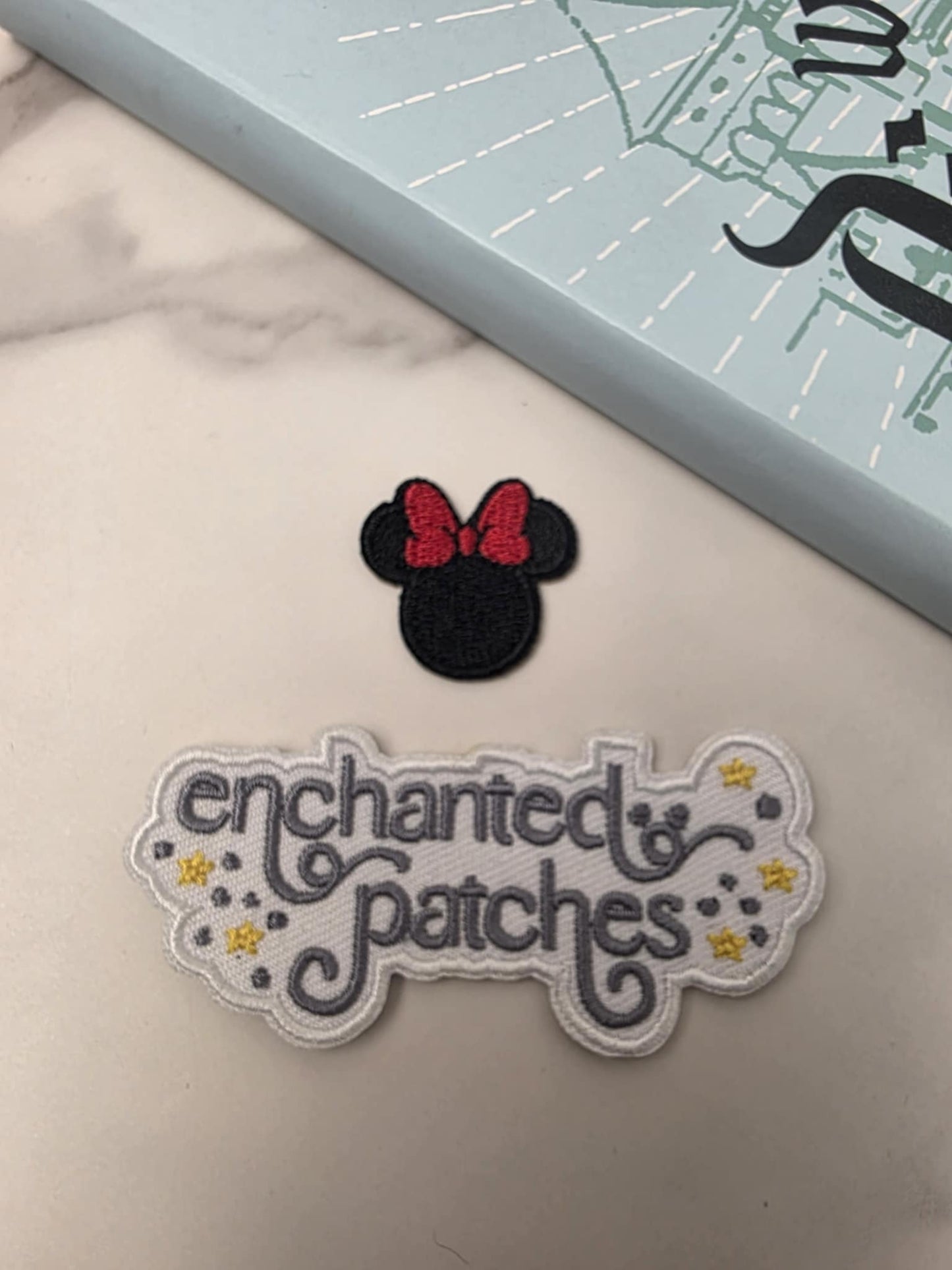 1" Mini Solid Black Girl Mouse Head Classic with Red Bow Embroidered Iron On Patch