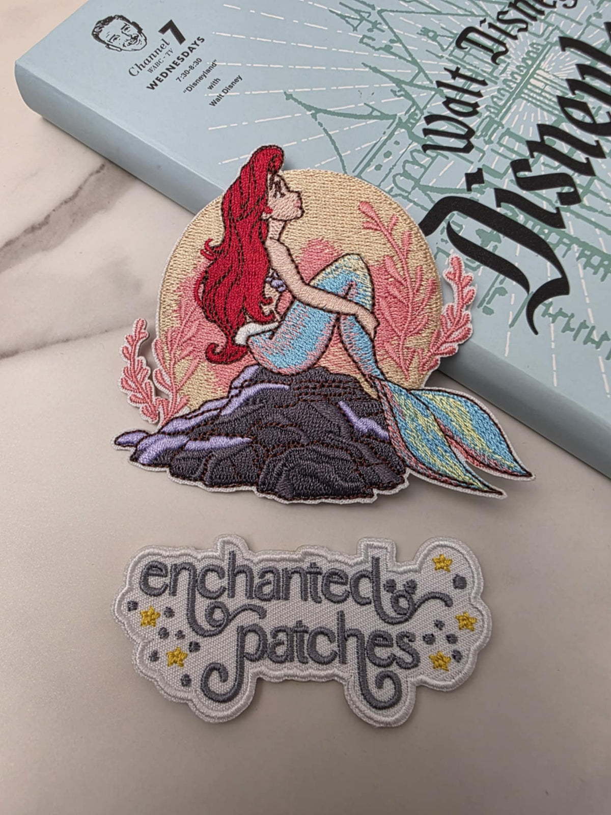 3.5" Little Mermaid Sitting on Rock Pink Pastel Embroidered Iron On Patch