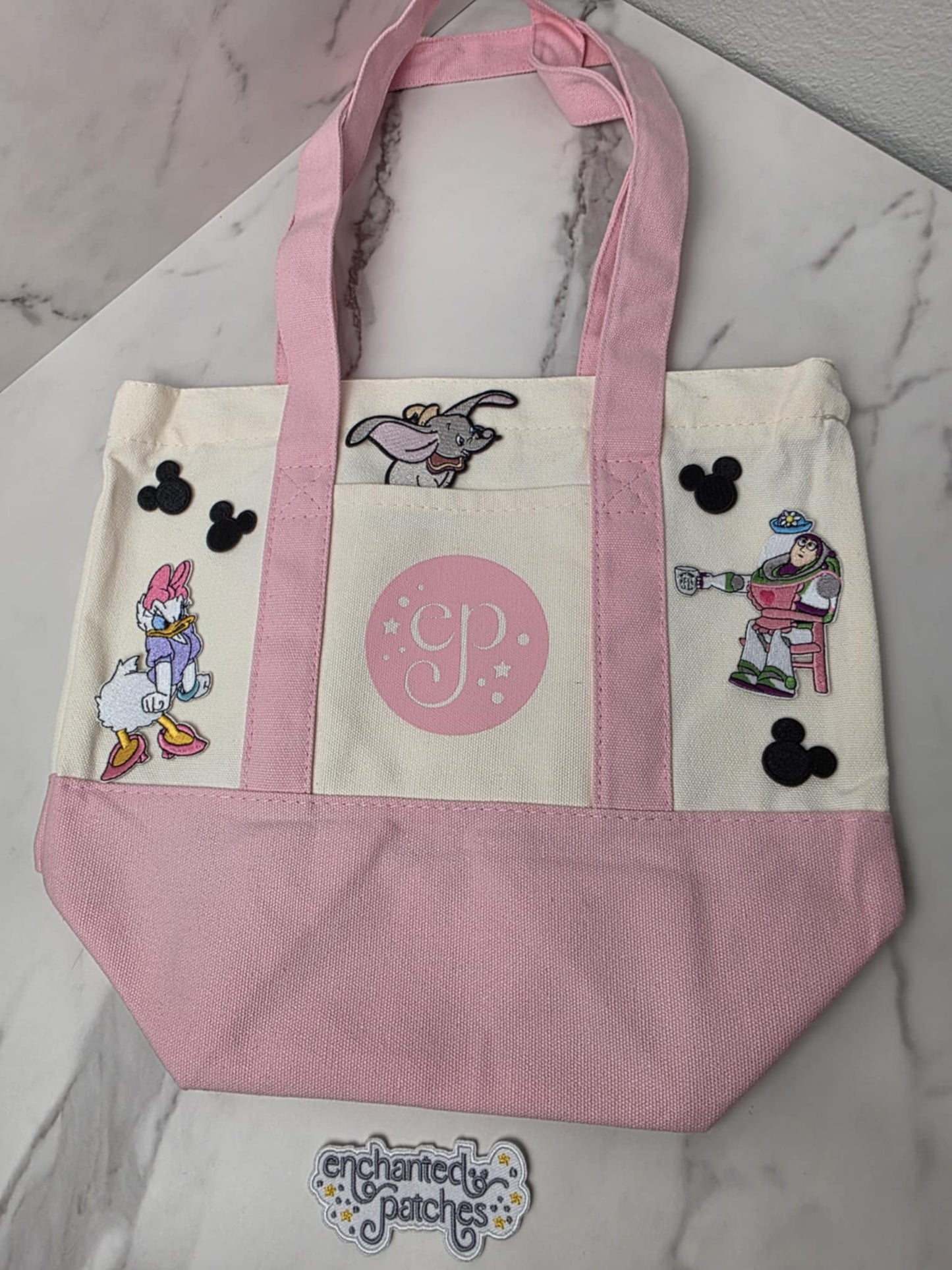 Small PINK 13" x 8" Enchanted Patches Logo Zipper Canvas Tote -- Perfect Grocery/Everyday Bag