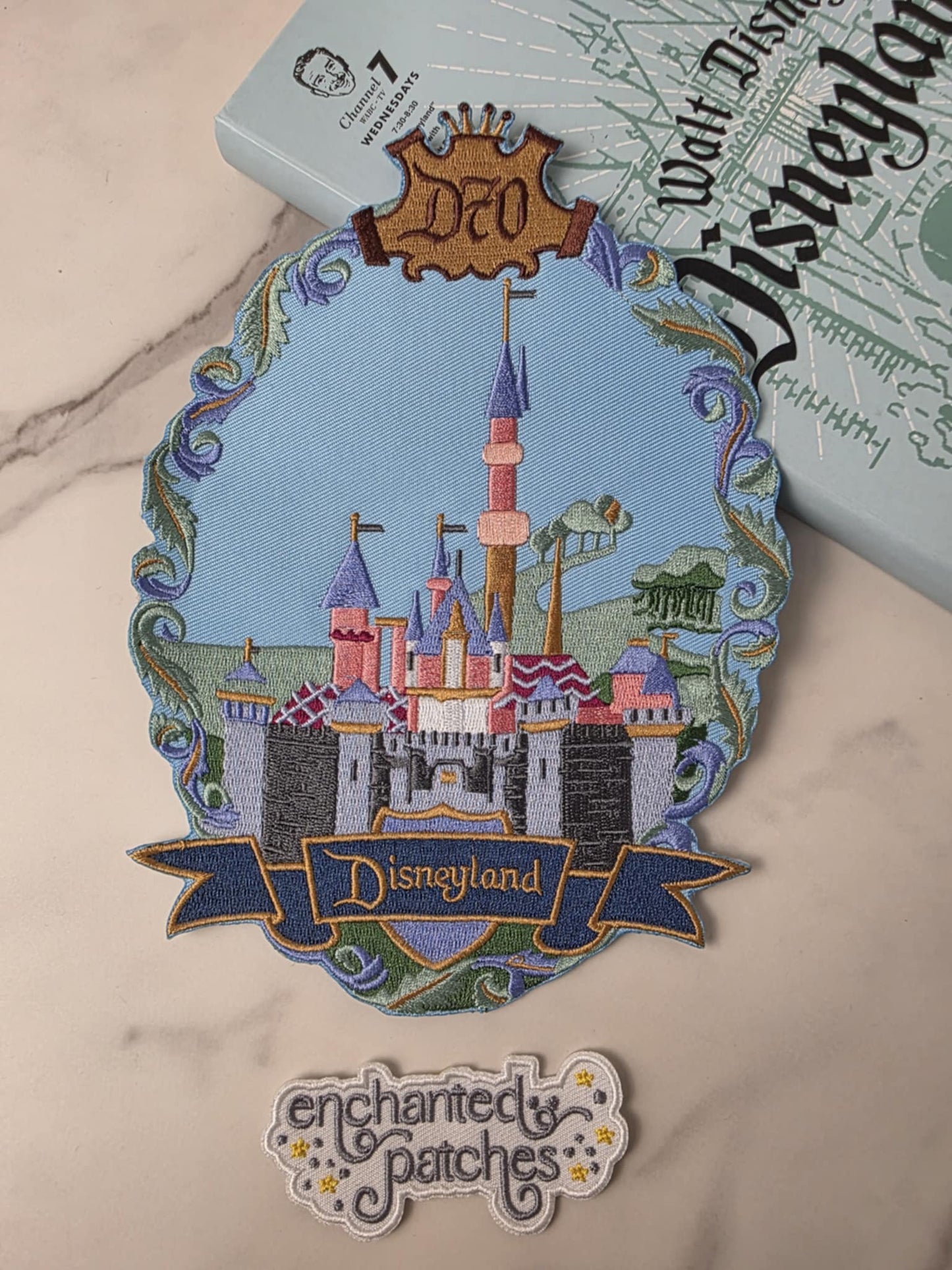 8" XL Happiest Park 70th Anniversary Framed Castle Embroidered Iron On Patch