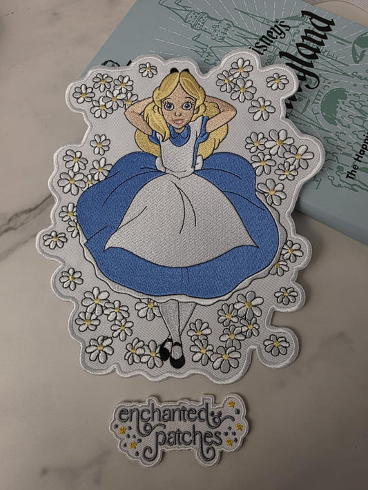 8" XL Happiest Park Teacup Wonderland Princess in Daisies Embroidered Iron On Patch