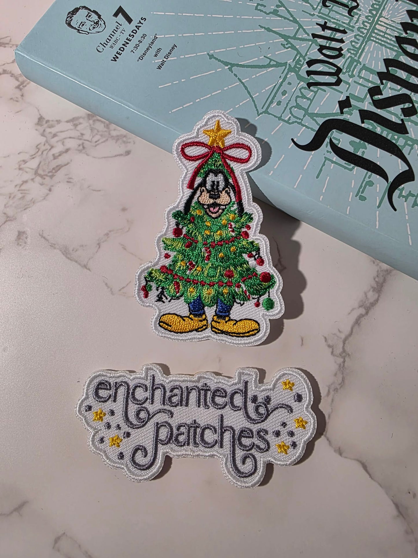 3" Happiest Goofy Dog in Christmas Tree Embroidered Iron On Patch