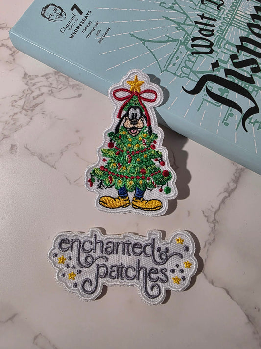 3" Happiest Goofy Dog in Christmas Tree Embroidered Iron On Patch