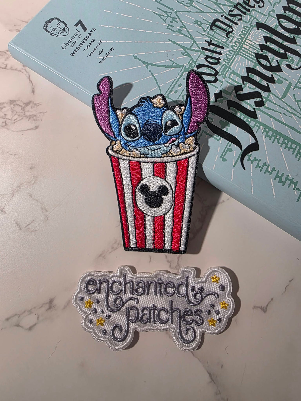 3.5" Blue Alien Stitch in Park Popcorn Bucket Embroidered Iron On Patch
