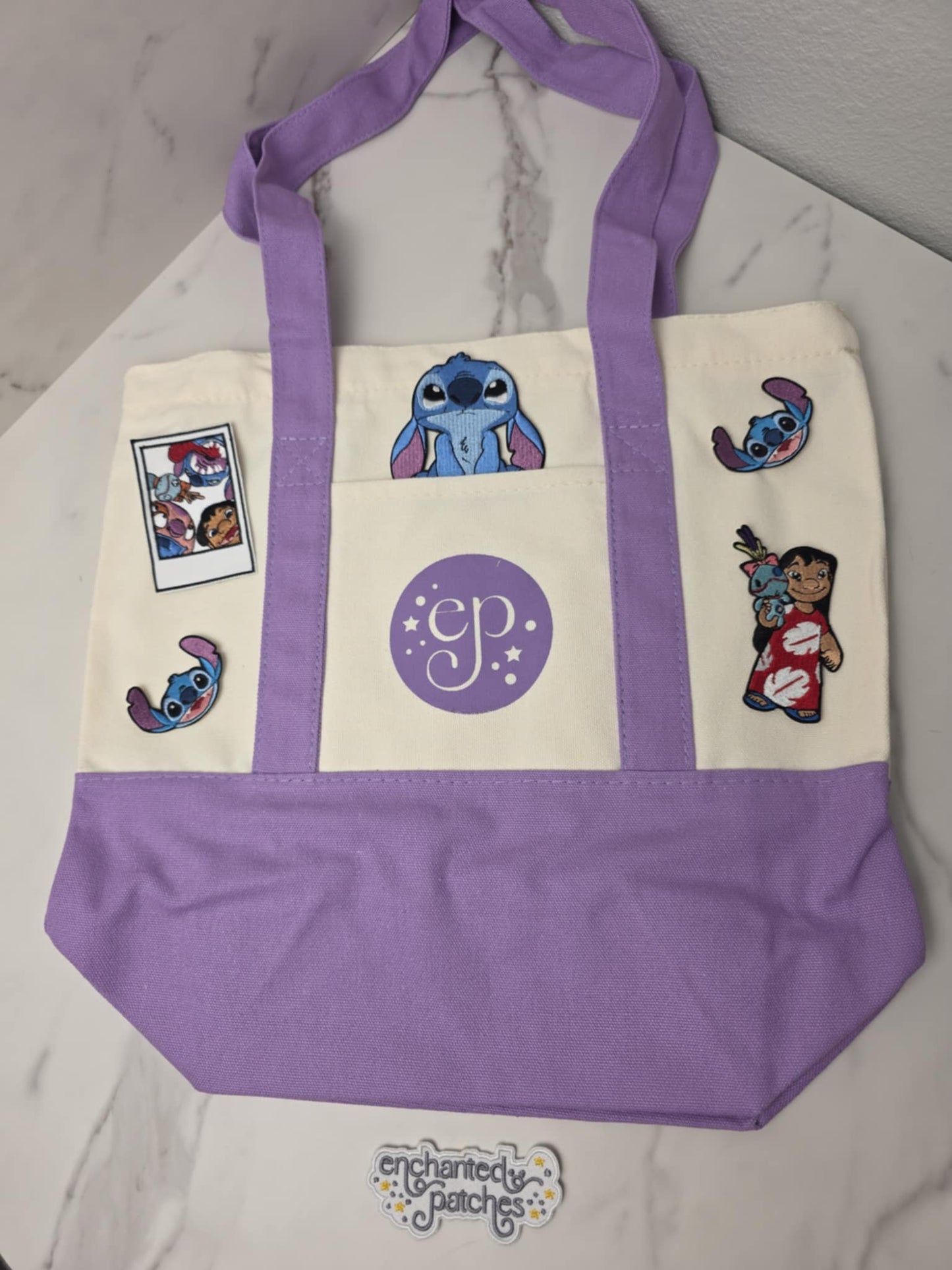 Medium PURPLE 14" x 11" Enchanted Patches Logo Zipper Canvas Tote -- Perfect Grocery/Everyday Bag
