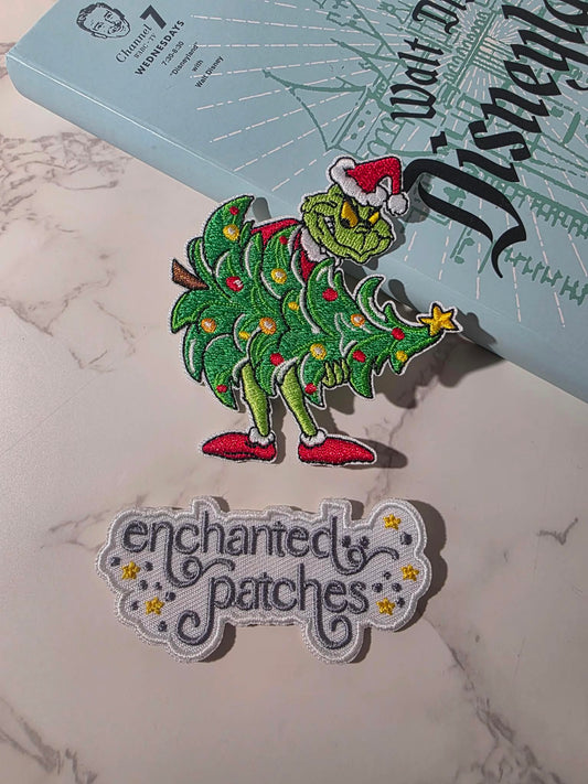 NEW DROP - 3" Grinch Christmas Holding Tree Embroidered Iron On Patch