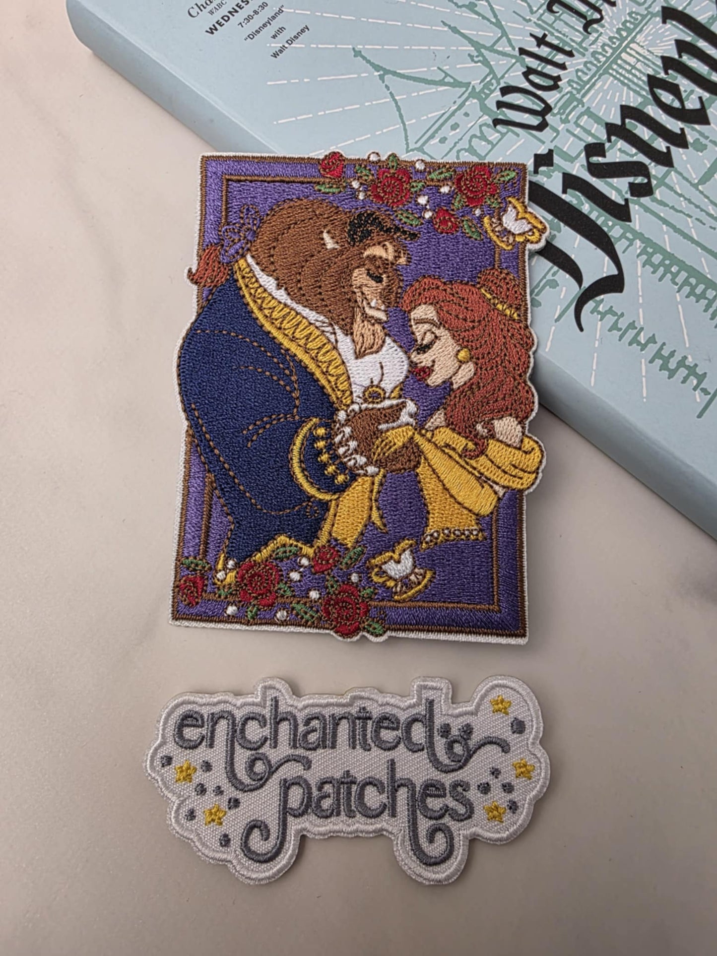 4" Reading Princess with Beast Couple in Frame Embroidered Iron On Patch