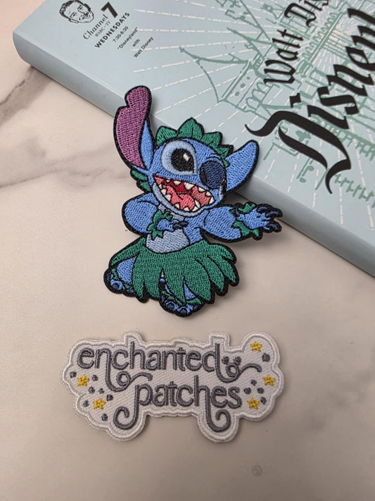 3" Blue Alien in Hula Skirt Embroidered Iron On Patch