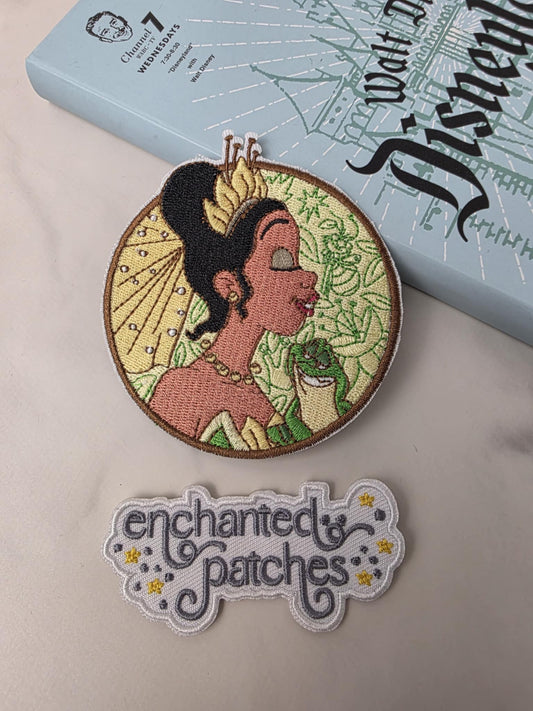 3.5" Bayou Princess Profile and Frog Embroidered Iron On Patch