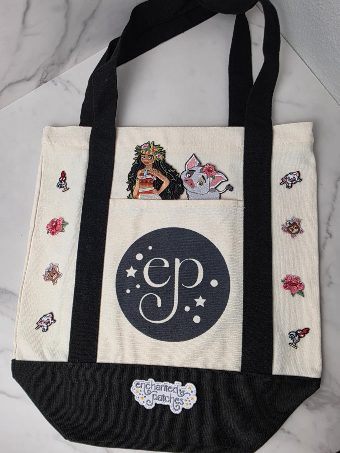 Medium BLANK BLACK 14" x 13" Enchanted Patches Logo Zipper Canvas Tote -- Perfect Grocery/Everyday Bag