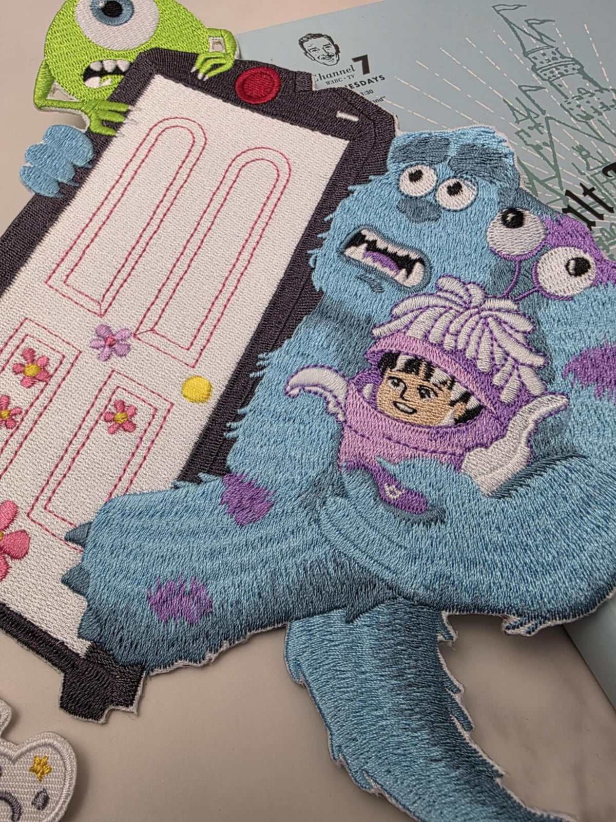 OOPSIE - 9" XL Monsters Little Girl Blue and Green Monster on Door Embroidered Iron On Patch