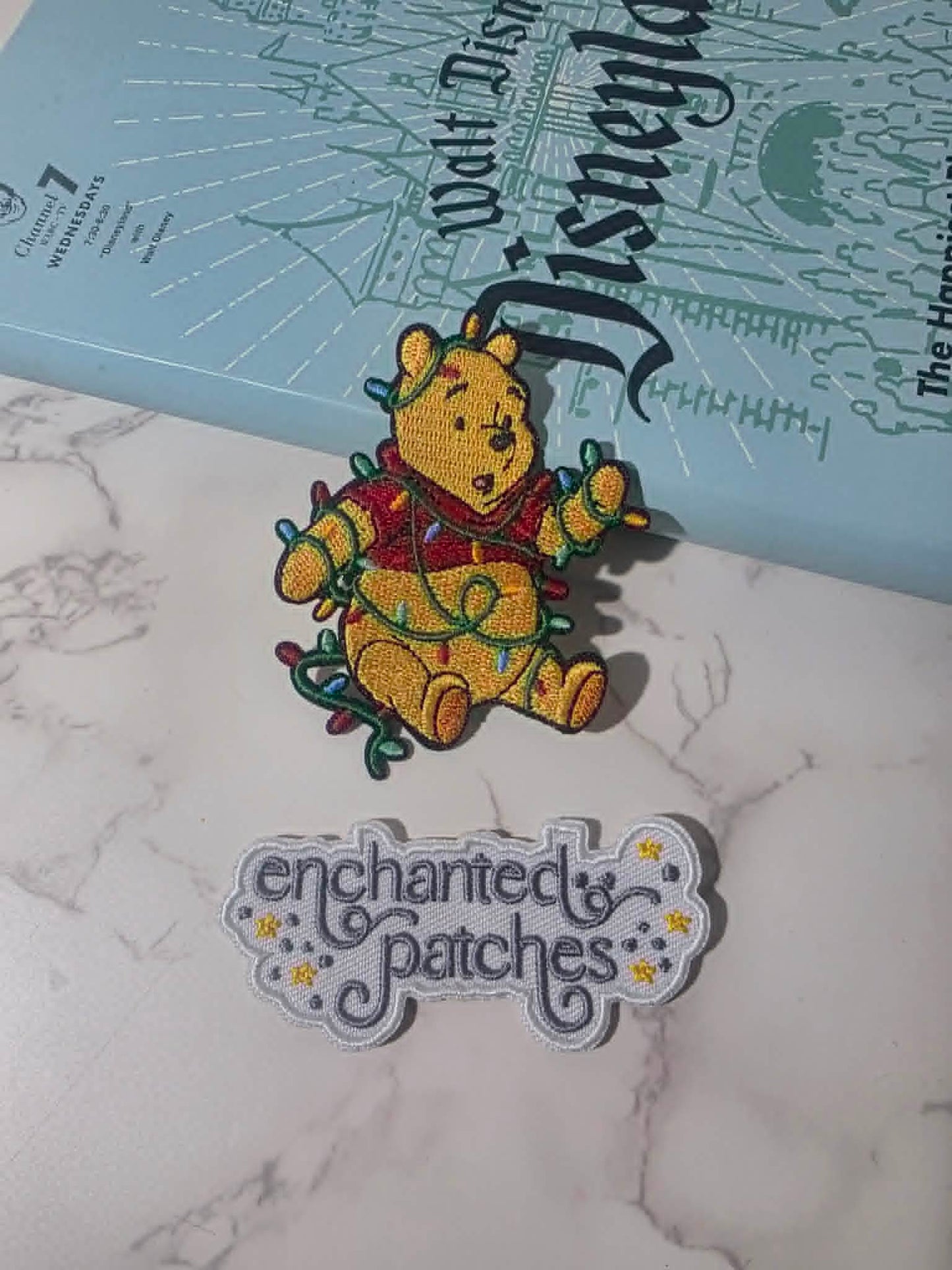 NEW DROP - 3" Winnie the Pooh Tangled in Christmas Lights Embroidered Iron On Patch