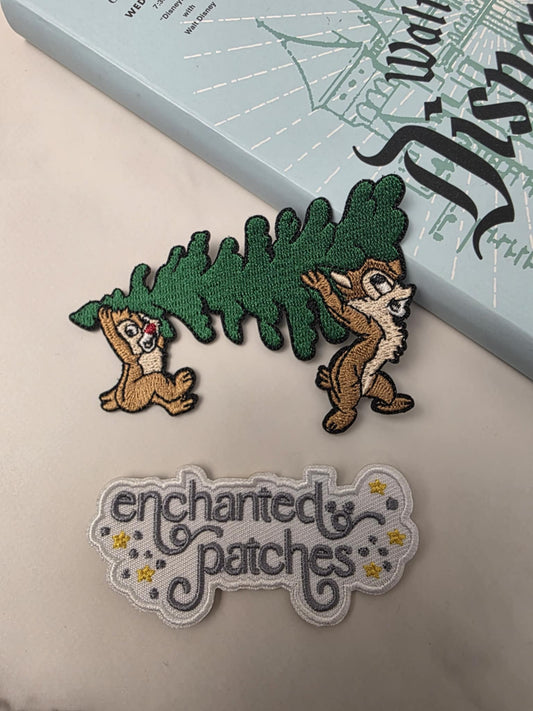 3.5" Chipmunks Carrying Christmas Tree Holiday Iron On Patch