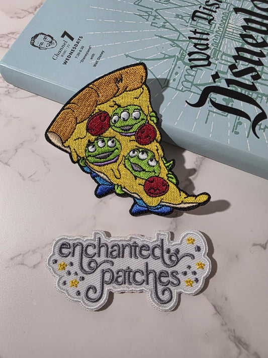 3" Pizza Planet with Green Alien Heads Embroidered Iron On Patch