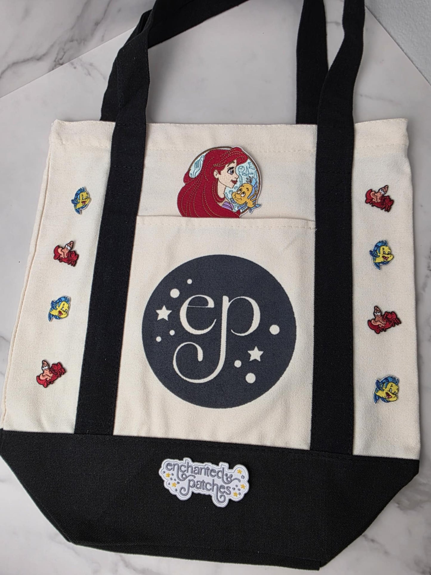 Medium BLANK BLACK 14" x 13" Enchanted Patches Logo Zipper Canvas Tote -- Perfect Grocery/Everyday Bag