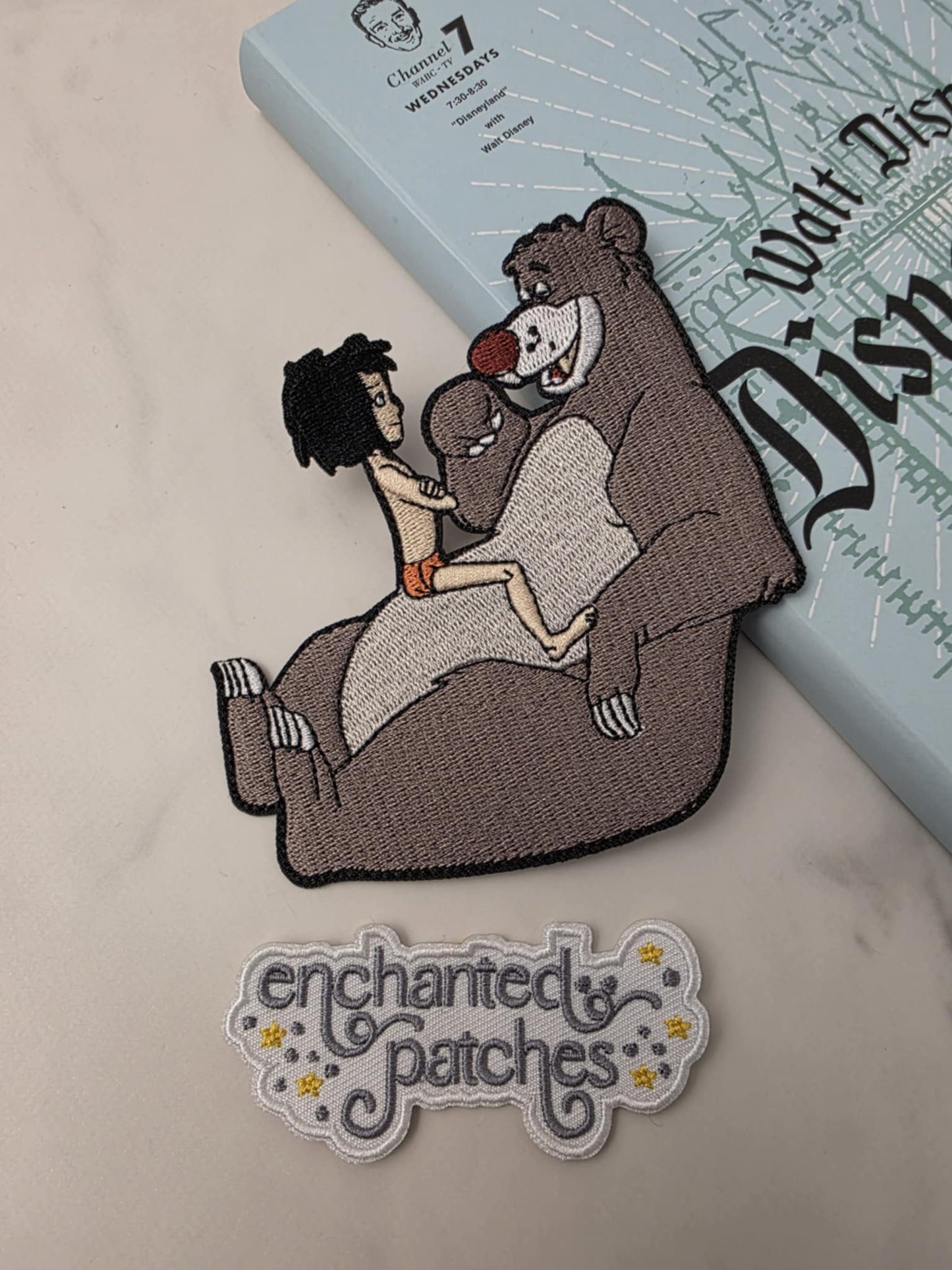 4" Jungle Book Boy Sitting on Bear's Stomach Embroidered Iron On Patch