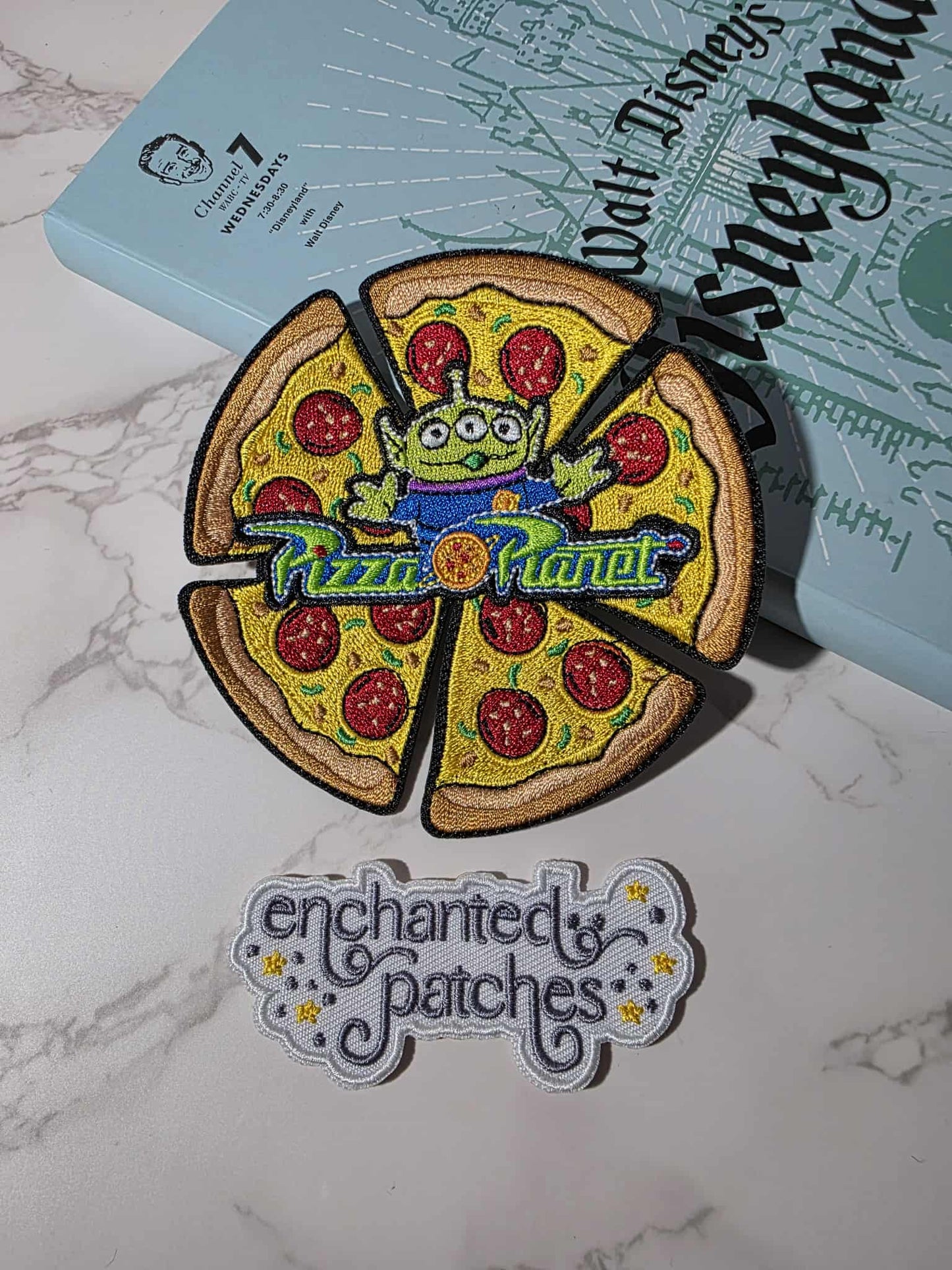 4" Pizza Planet with Green Alien Embroidered Iron On Patch