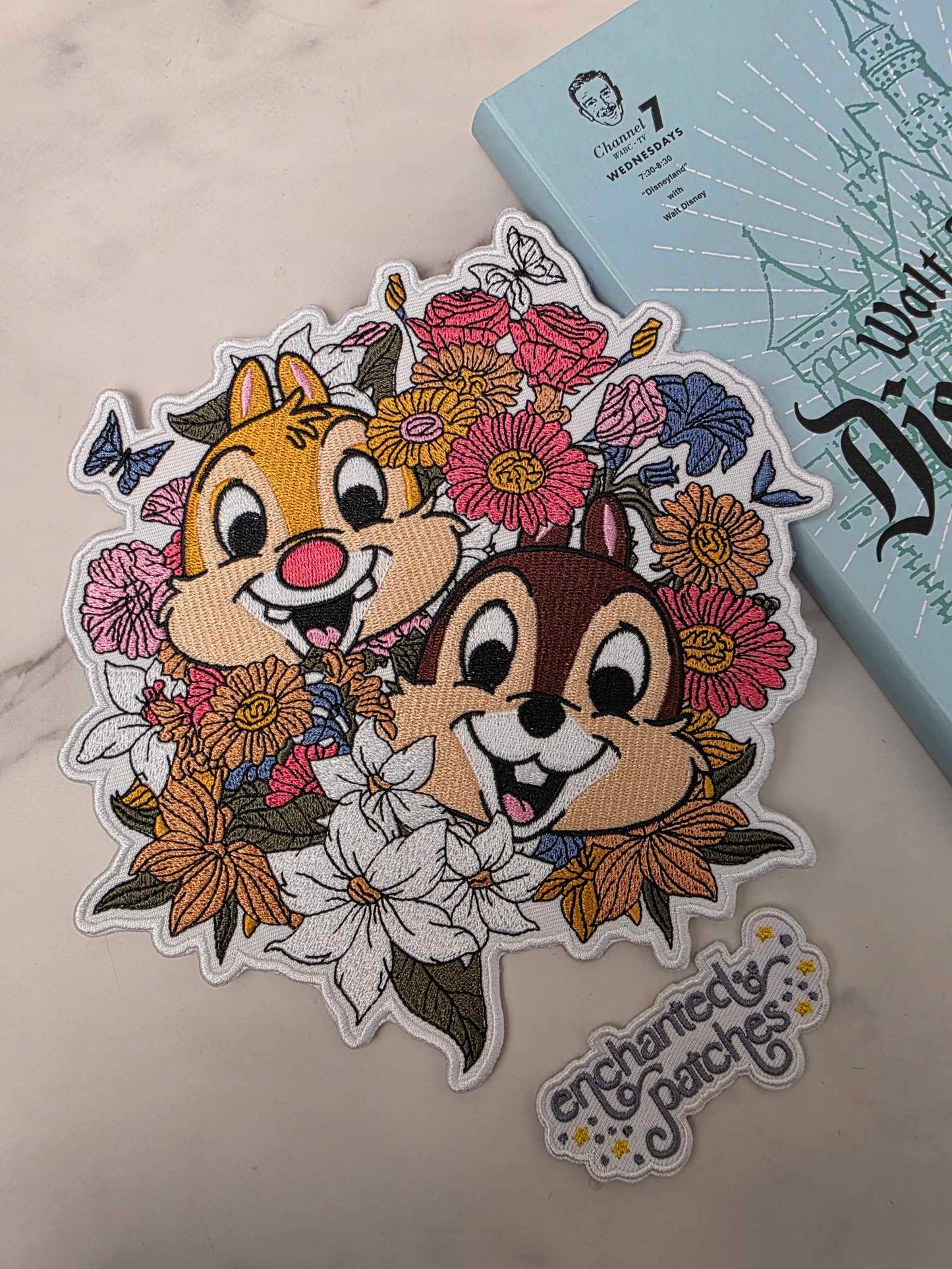 XL 8" Happiest Park Chipmunks with Flowers Iron On Patch