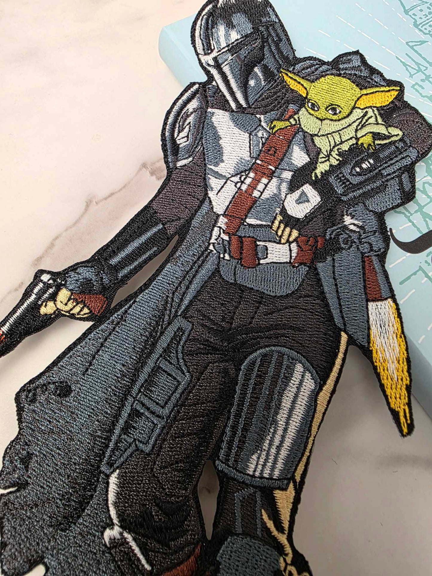 XL 8.5" SW Star Galaxy Mando Soldier with Green Baby Alien Embroidered Iron On Patch