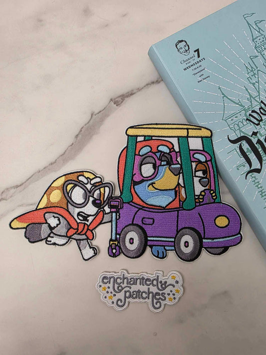 XL 8" Blue Heeler Sisters Dressed as Grannies in Car Iron On Patch