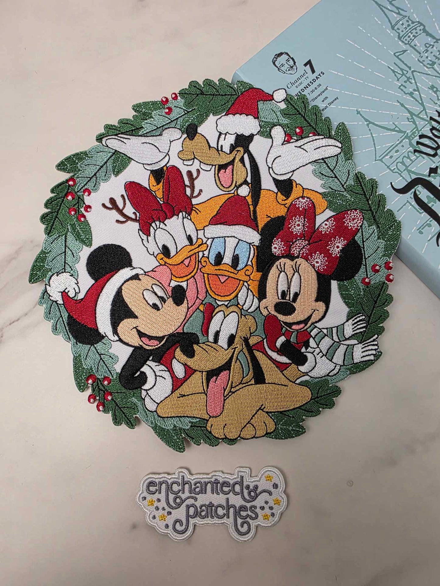 8" XL Christmas Wreath Happiest Park Mouse Dog Duck Embroidered Iron On Patch