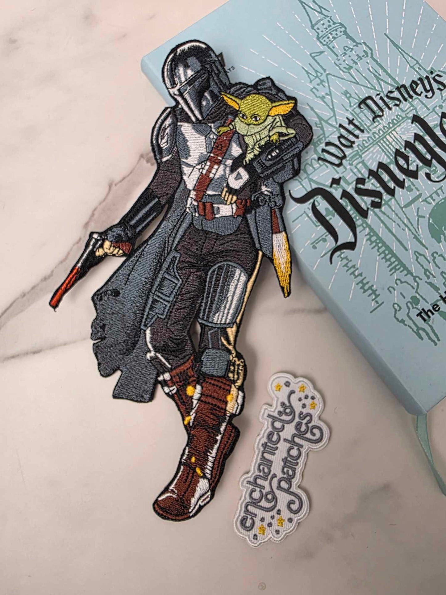 XL 8.5" SW Star Galaxy Mando Soldier with Green Baby Alien Embroidered Iron On Patch