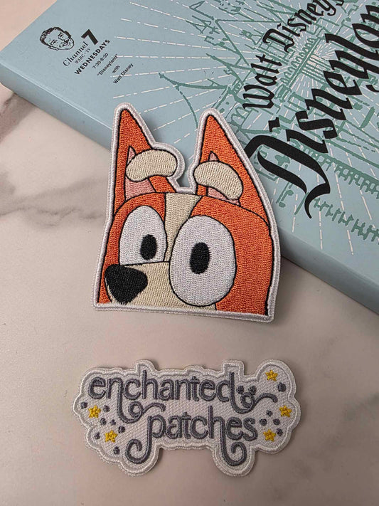 3" Blue Heeler Bluey Orange Sister Dog Peekaboo Iron On Patch