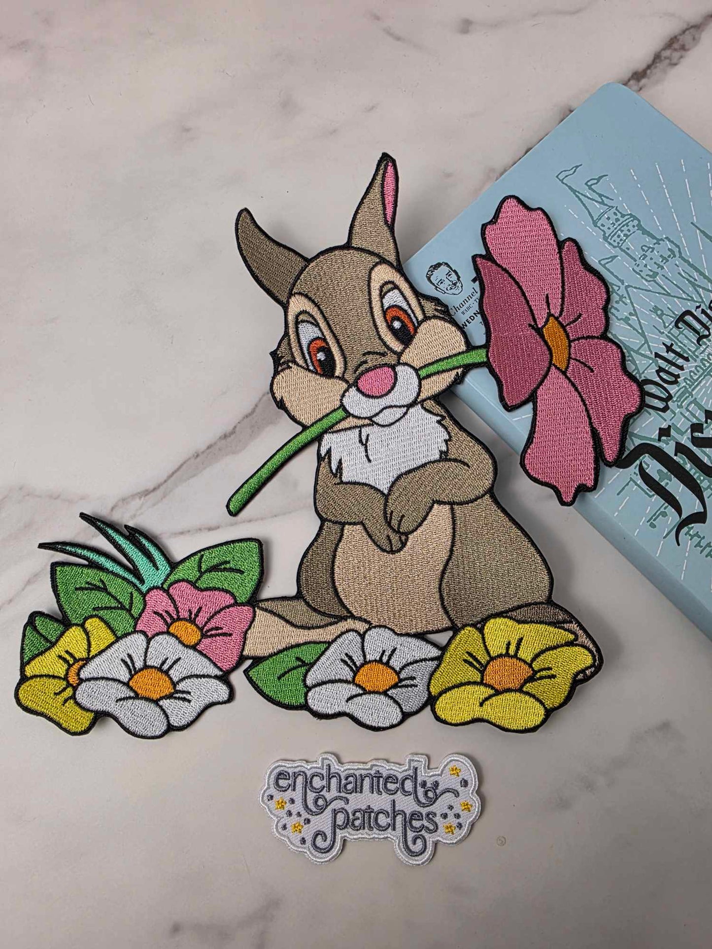 9" XL Rabbit Friend of Deer with Flowers Embroidered Iron On Patch