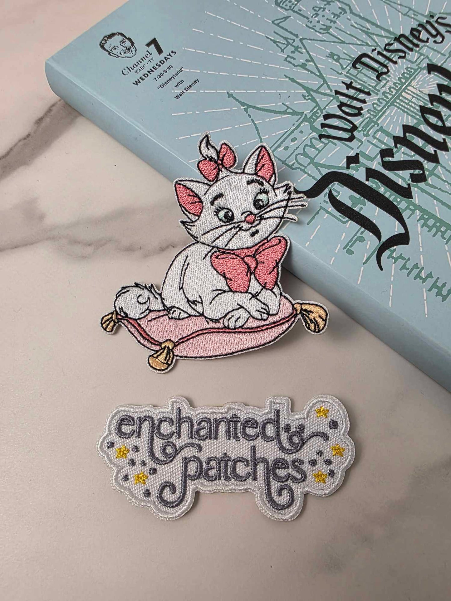 3" White Kitty Cat Girly Pink Bow on Pillow Iron On Patch