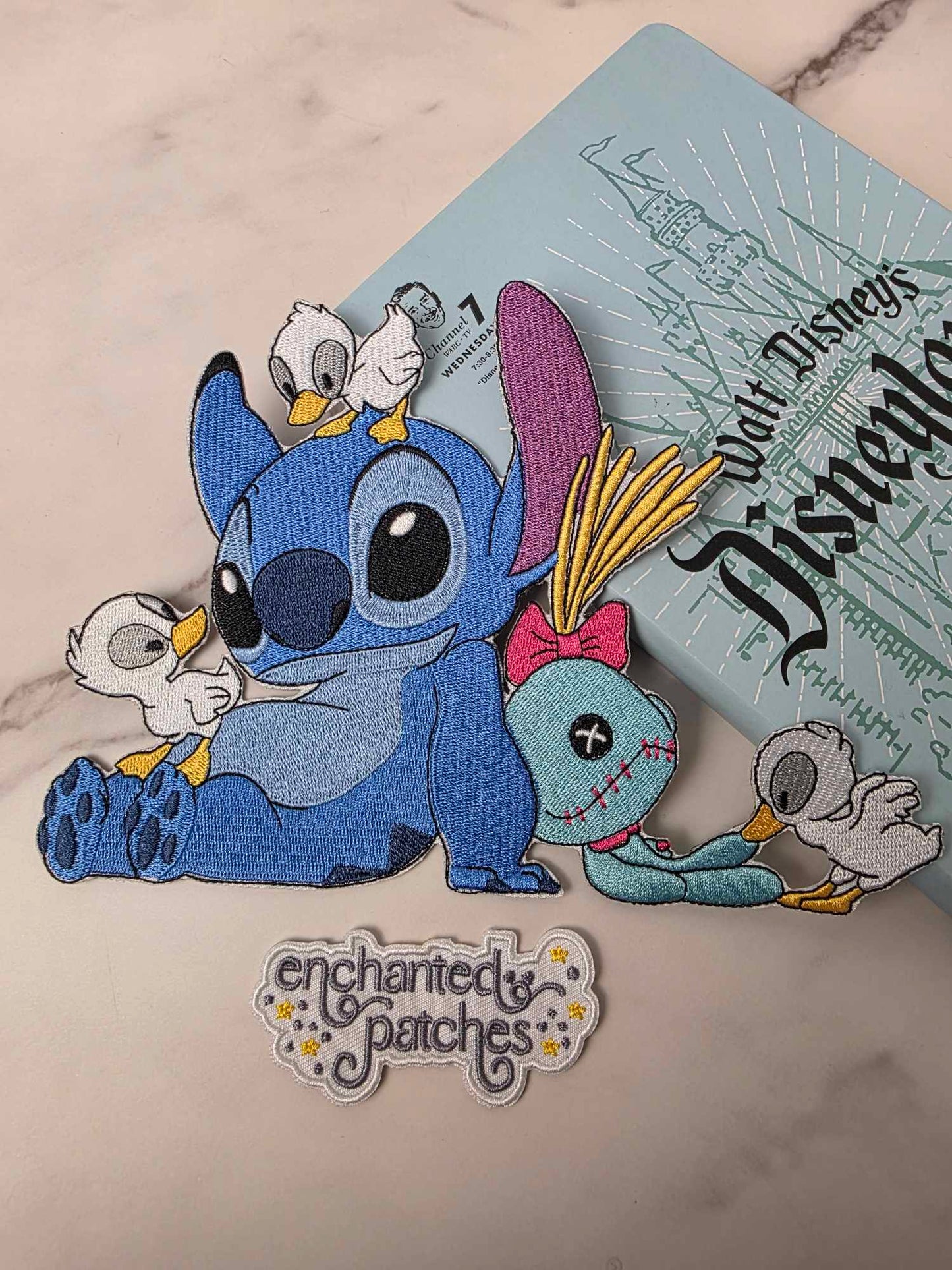 LAST ONE - XL 8" Blue Alien Sitting with Baby Ducks and Doll Embroidered Iron On Patch