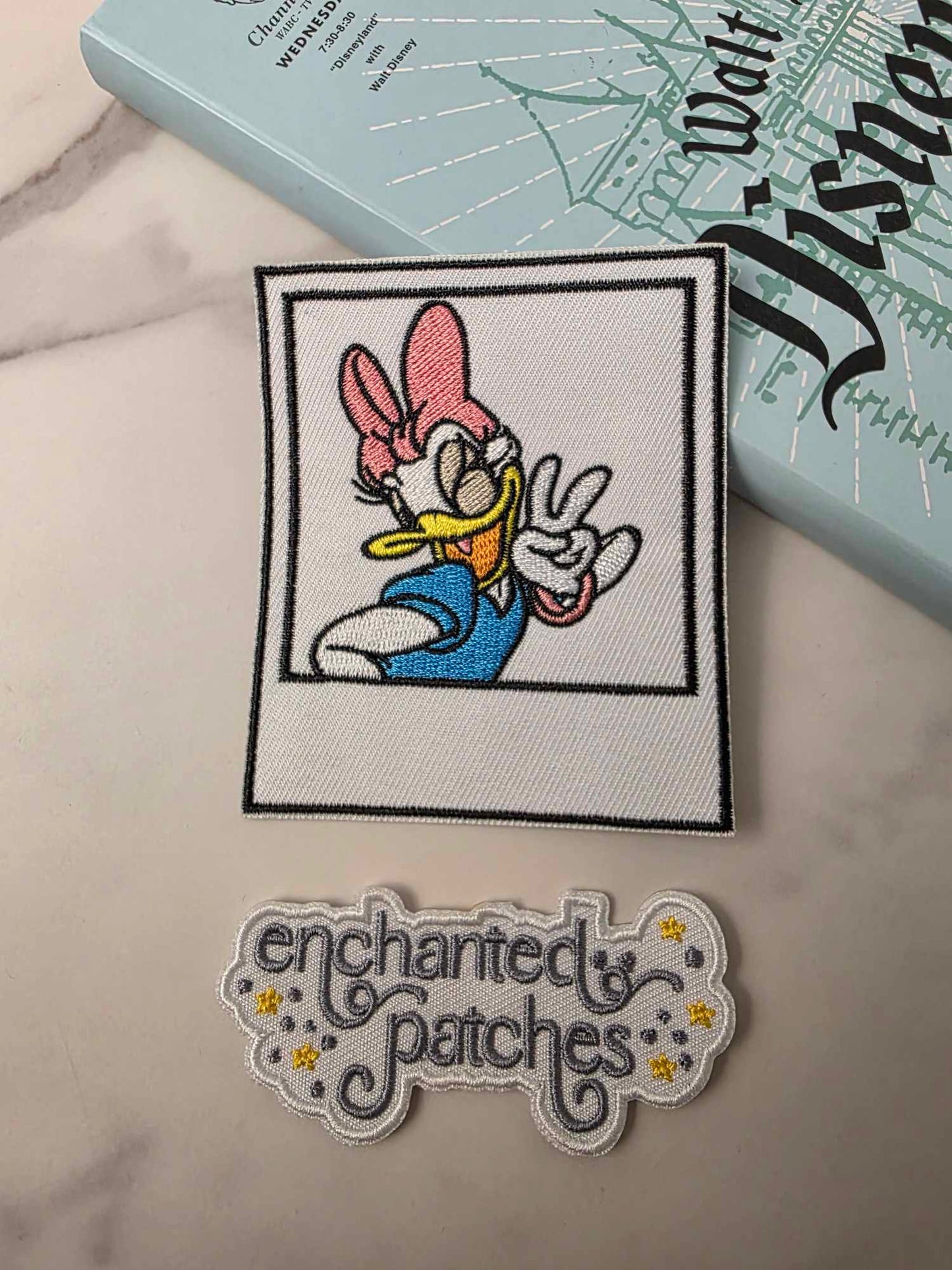 3.5" Pink Girl Purple Duck Cartoon in Polaroid Picture Iron On Patch
