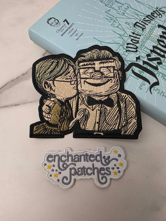 4" Balloon House Older Couple Sketch Iron On Patch