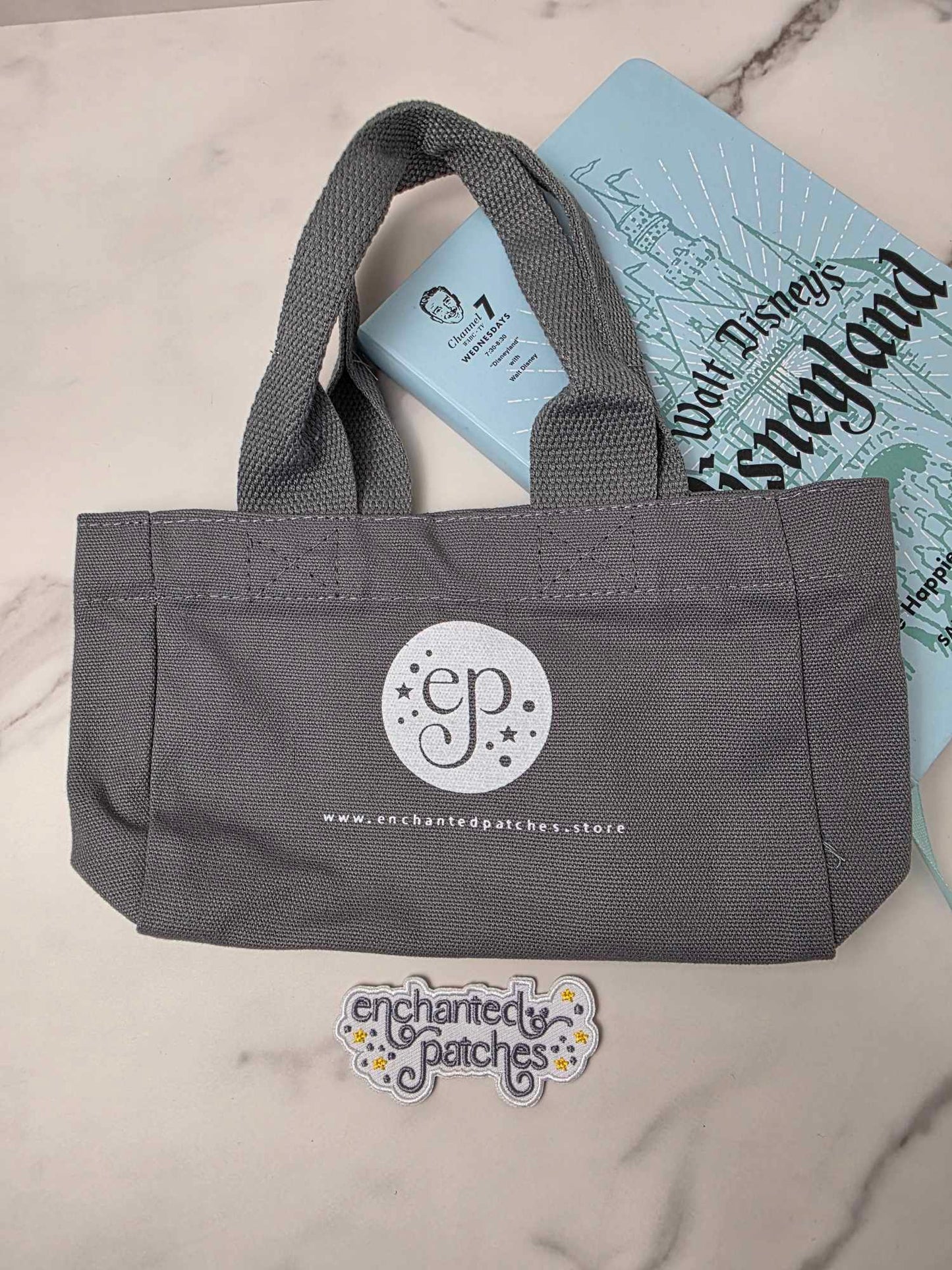 Gray Canvas Enchanted Patches Logo Mini Tote -- Perfect to Store All Your Loose Patches