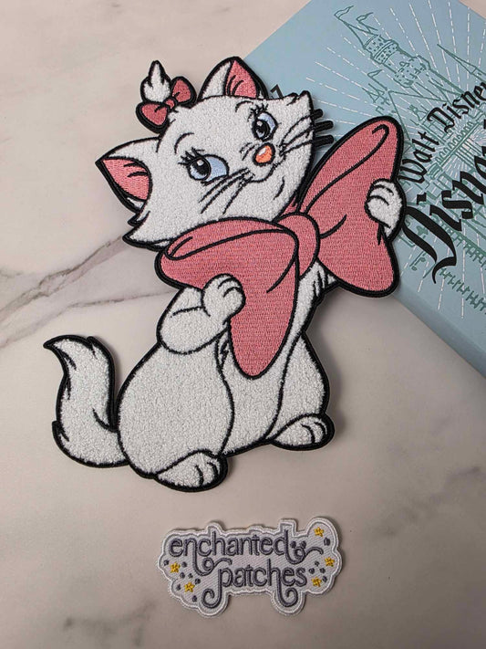 8" XL White Kitty Cat Girly Pink Bow Furry Fuzzy Chenille Embroidered Iron On Patch
