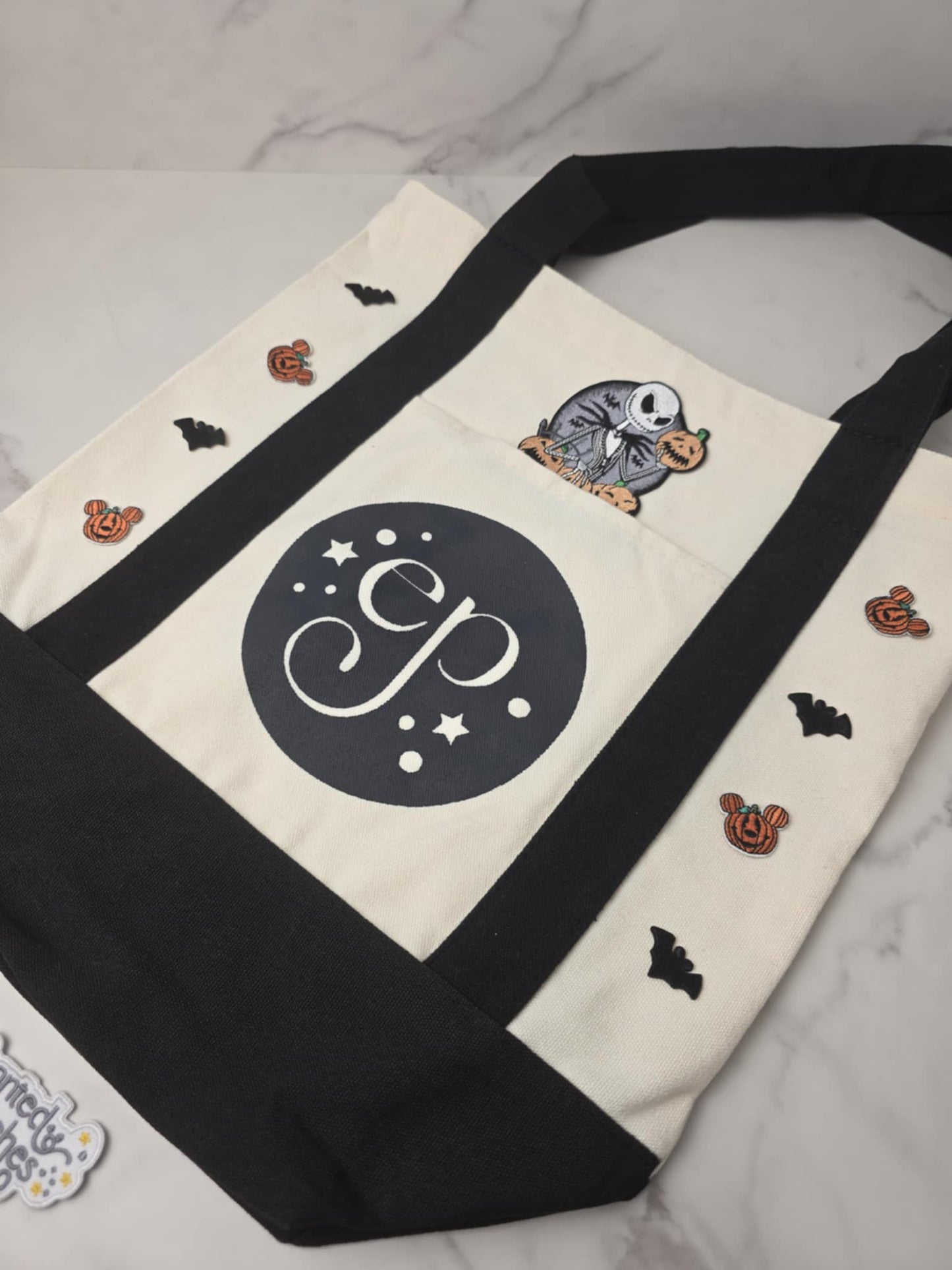 Medium BLANK BLACK 14" x 13" Enchanted Patches Logo Zipper Canvas Tote -- Perfect Grocery/Everyday Bag