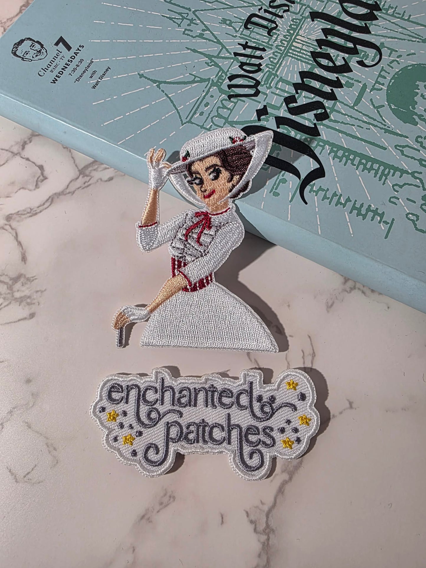3" Mary Poppins Holding Hat Wearing White Embroidered Iron On Patch
