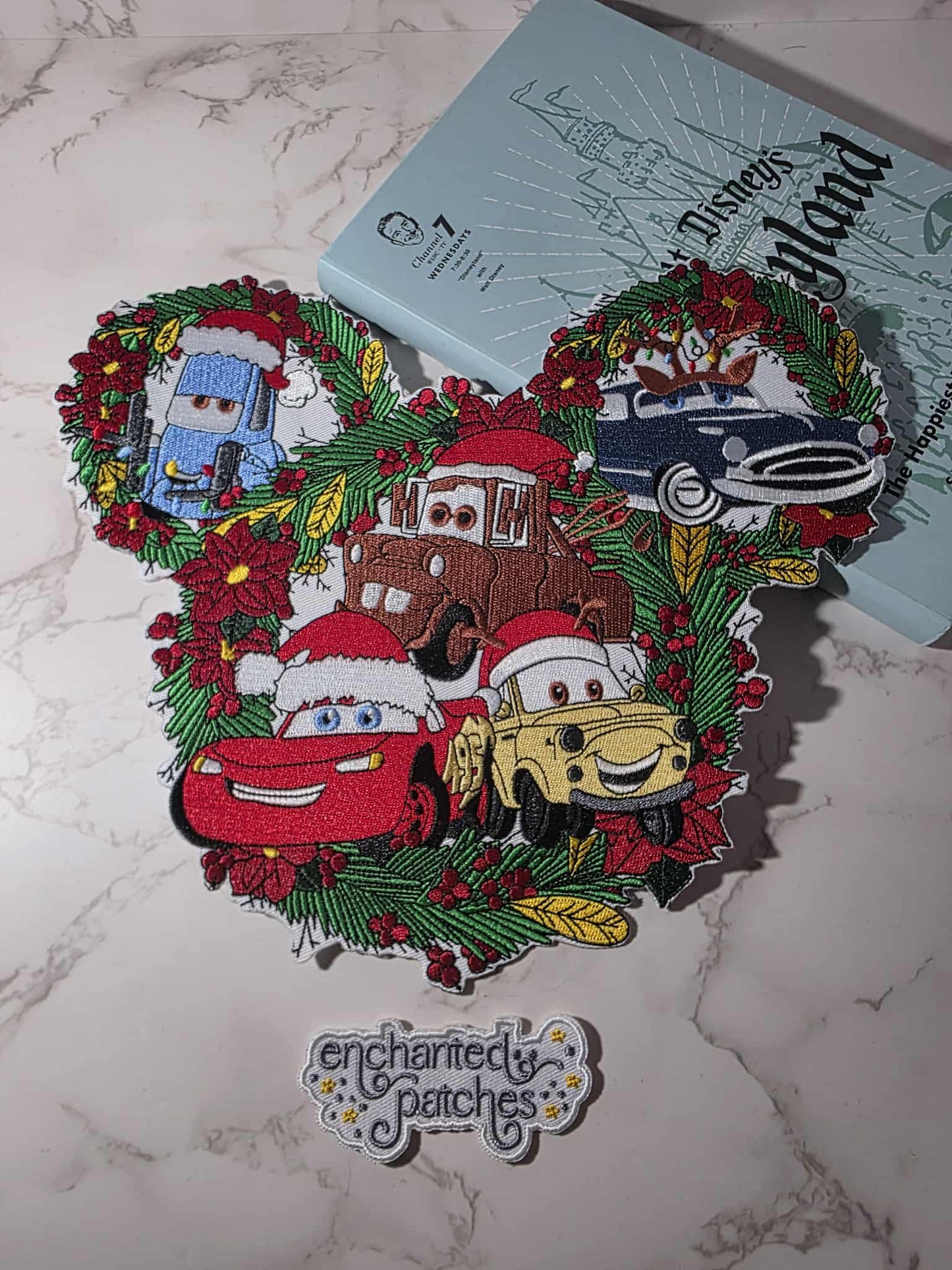 XL 8" Christmas Holiday Wreath Mouse Head Red Racer Brown Tow Truck Cars Iron On Patch