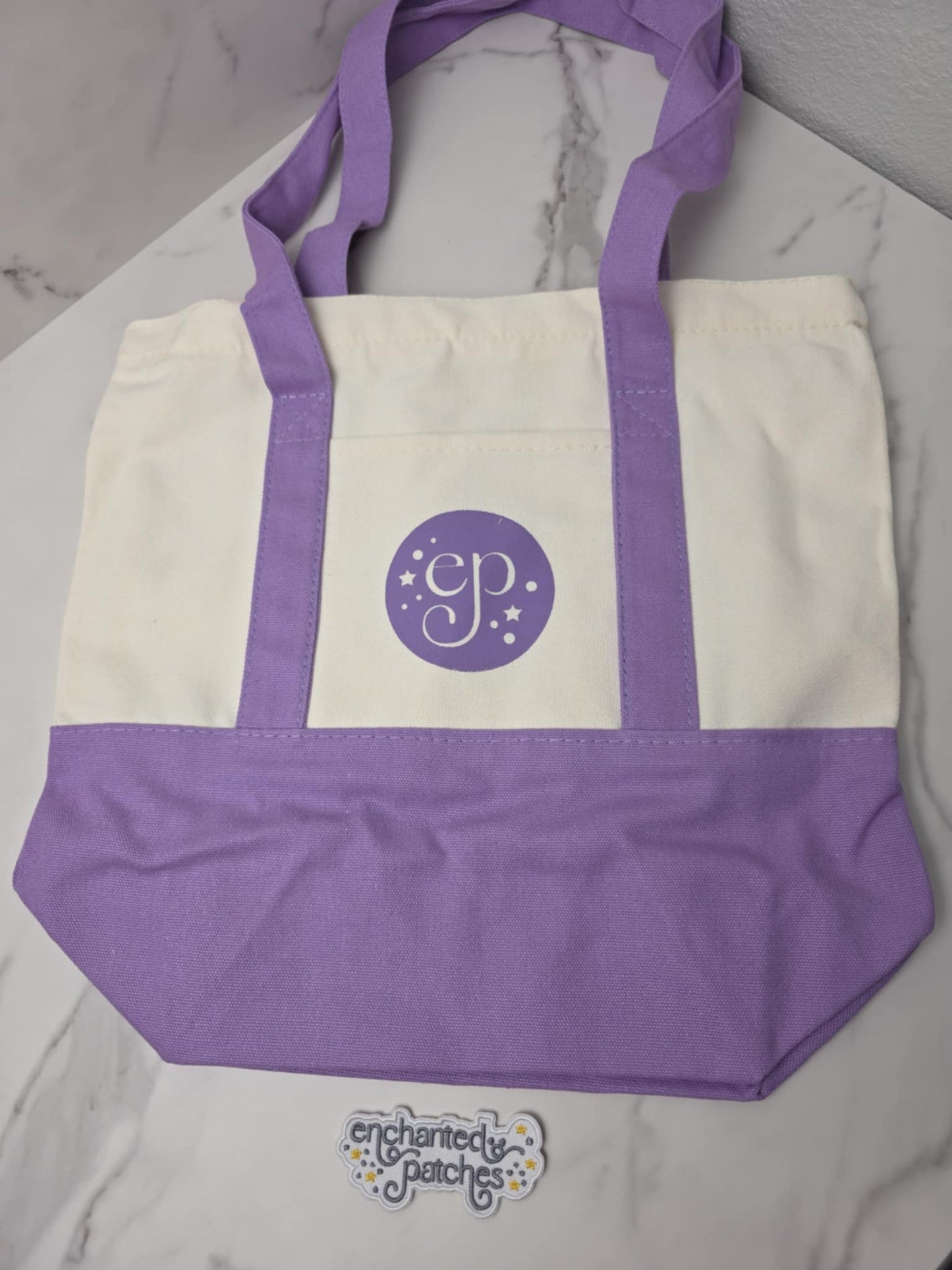 Medium PURPLE 14" x 11" Enchanted Patches Logo Zipper Canvas Tote -- Perfect Grocery/Everyday Bag