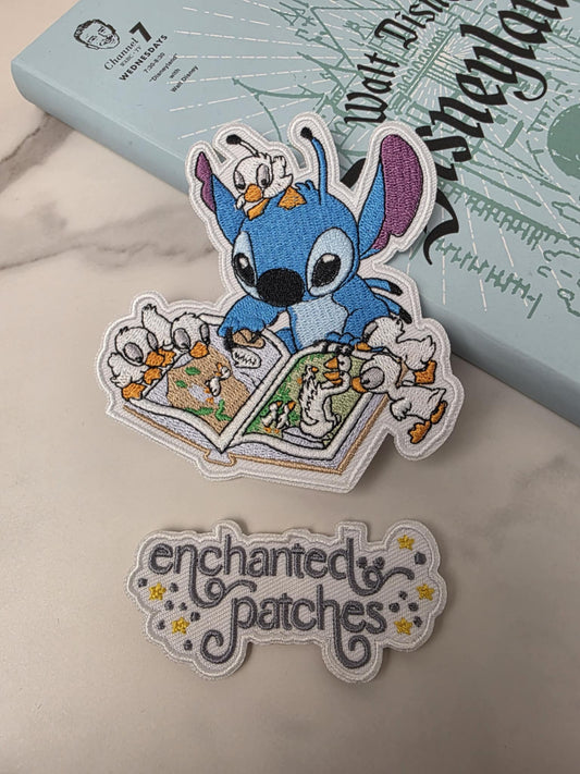 LIMITED - 4" Happiest Park Blue Alien Reading to Baby Ducks Embroidered Iron On Patch