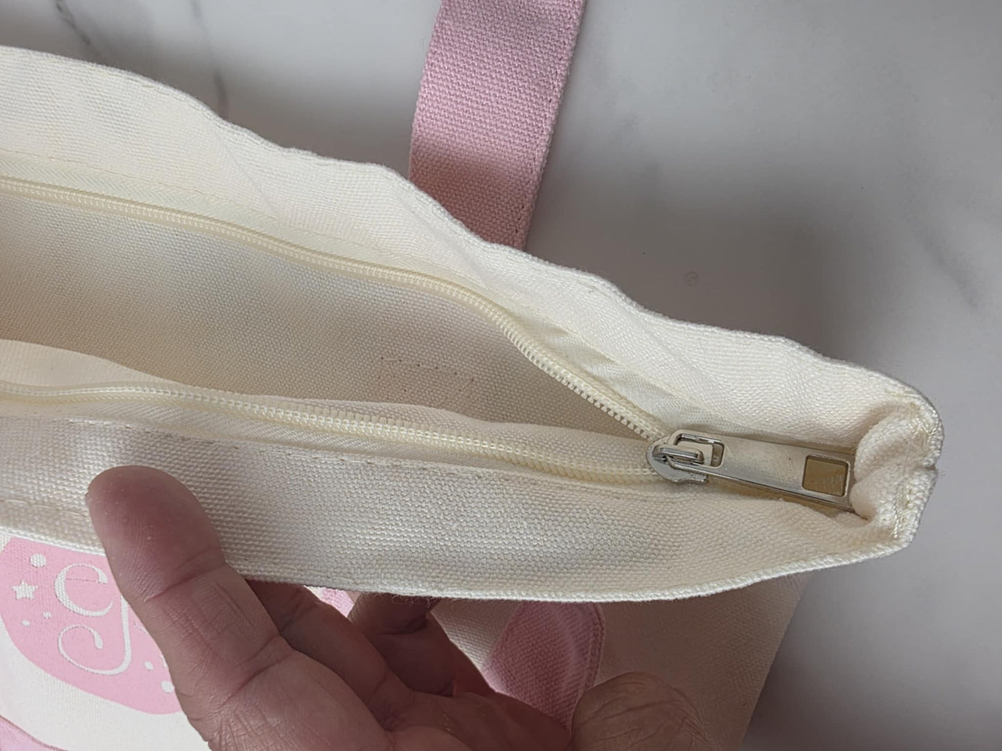 Medium BLANK PINK 14" x 11" Enchanted Patches Logo Zipper Canvas Tote -- Perfect Grocery/Everyday Bag