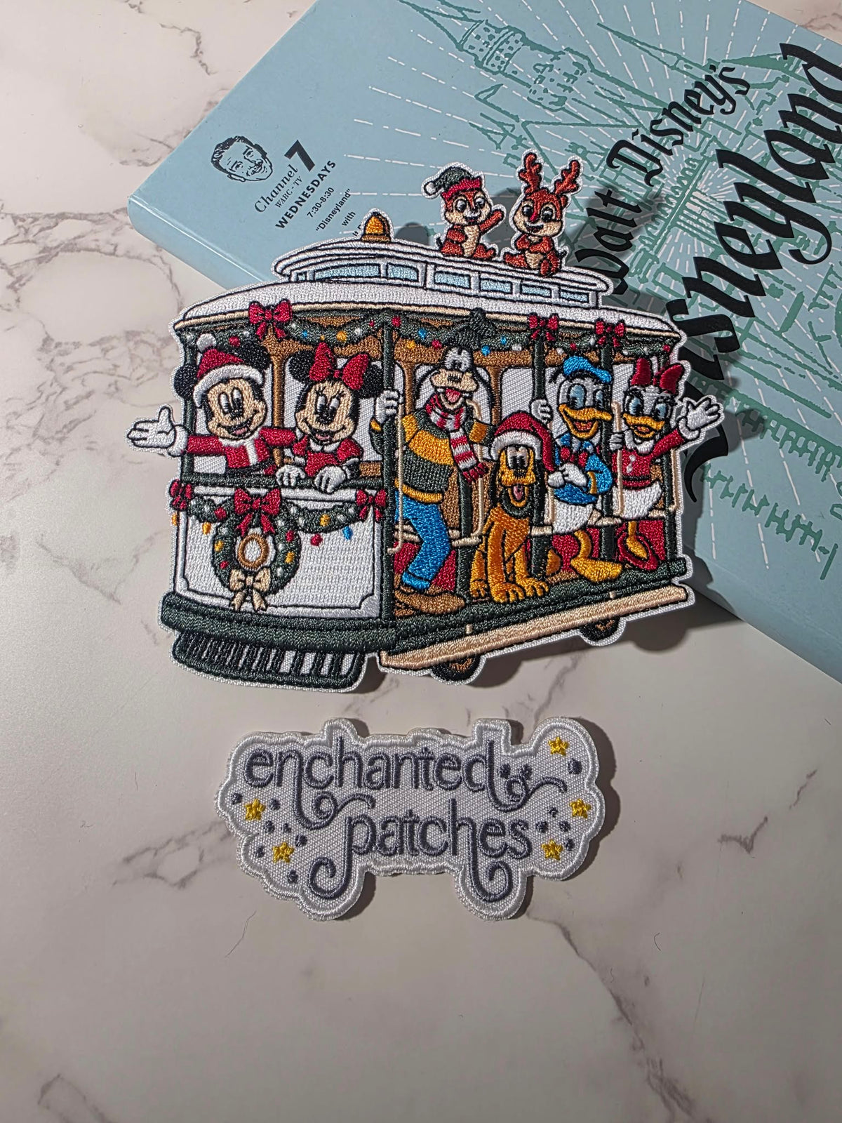 5" Christmas Trolley Main St Fab 6 Mickey Minnie Goofy Donald Daisy Pluto Iron On Patch