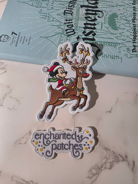 4.5" Mickey Mouse on Christmas Reindeer Embroidered Iron On Patch