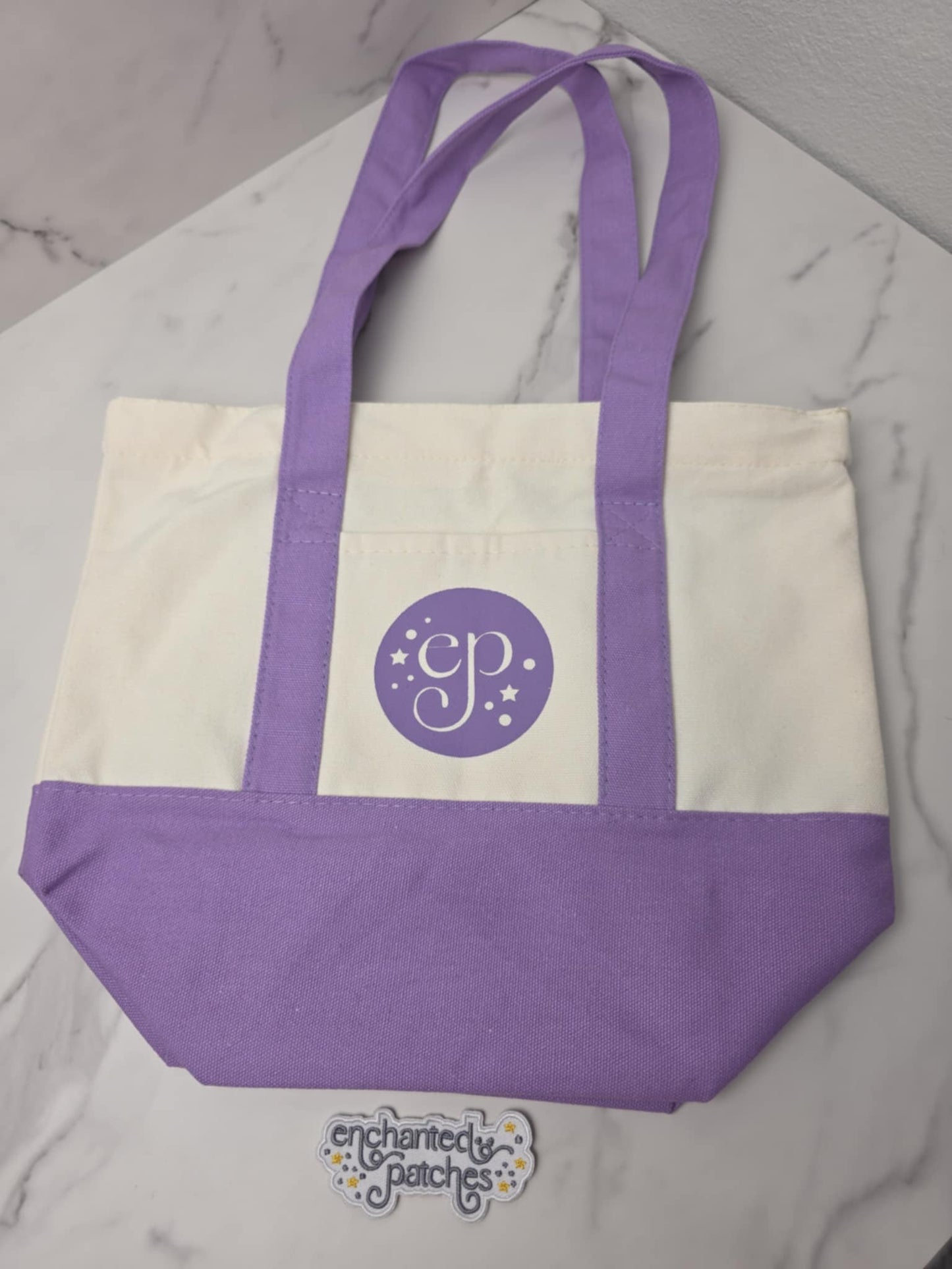 Small PURPLE 13" x 8" Enchanted Patches Logo Zipper Canvas Tote -- Perfect Grocery/Everyday Bag