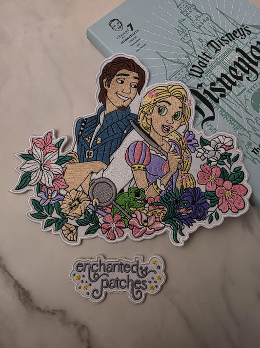 XL 8" Long Hair Princess and Boyfriend Floral Embroidered Iron On Patch
